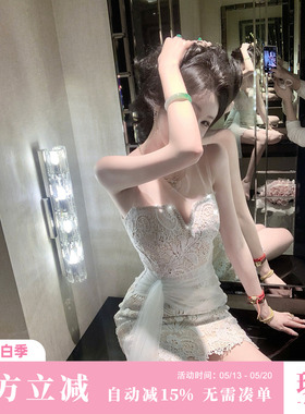 Sun雅乔【邂逅】高级感重工水溶蕾丝网纱拼接连衣裙