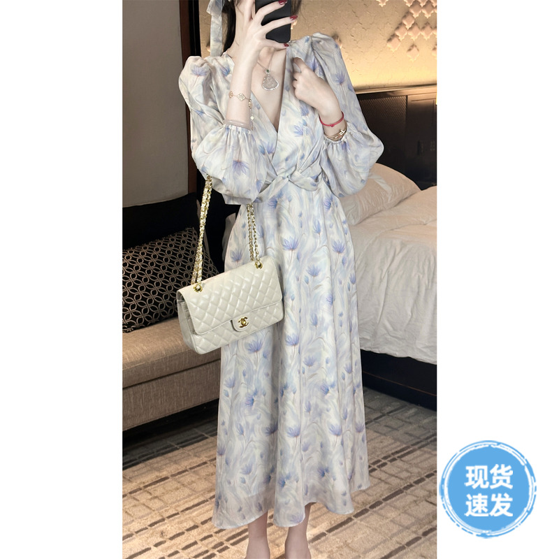 Sun雅乔【蒲公英】印花交叠式门襟长裙长袖连衣裙