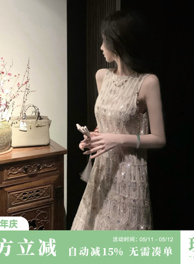 Sun雅乔【中东贵妇】春夏千金贵气超重工彩色钉珠无袖直筒连衣裙