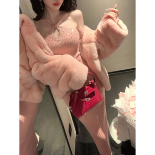 挂脖露肩交叉修身 秋冬女装 烫钻针织连衣中裙 星河永昼 Sun雅乔