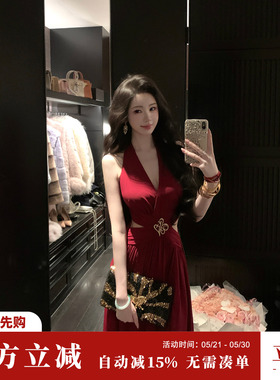 Sun雅乔【神魂颠倒】早夏气质辣妹镂空收腰挂脖连衣裙红色礼服裙