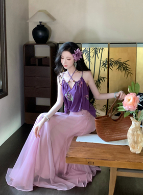 Sun雅乔【松间紫烟】新中式古风水洗皱感棉刺绣花紫色吊带上衣夏