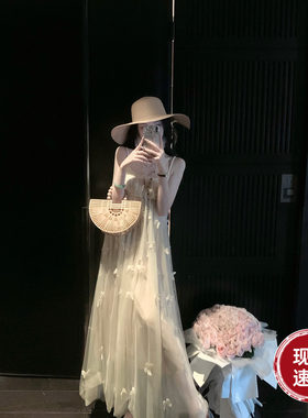 Sun雅乔【轻歌漫舞】夏季减龄甜美立体蝴蝶网纱吊带连衣裙长裙子