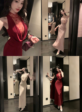 Sun雅乔【风情万种】2026春装大女主气质蕾丝网纱荡领无袖连衣裙