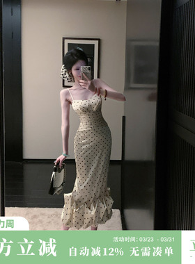 Sun雅乔【赫本午后】夏装修身下摆立体荷叶边波点吊带长款连衣裙