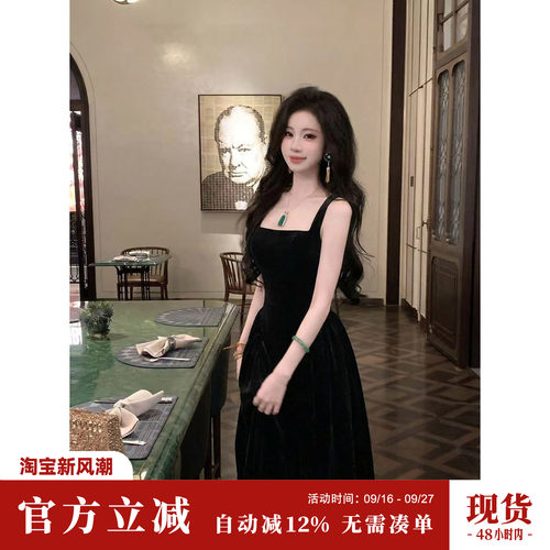 Sun雅乔【黑天鹅】夏季法式气质高级感复古方领黑色丝绒连衣长裙