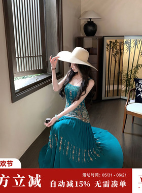 Sun雅乔【拜占庭】夏季无袖轻奢重工钉珠刺绣A字时尚大摆连衣长裙