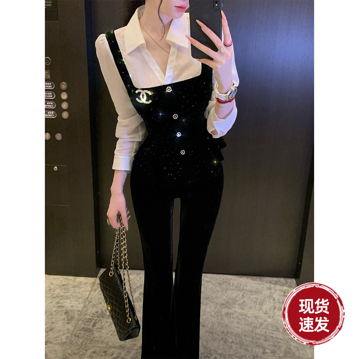 Sun雅乔【高智曲线】秋季长袖衬衣黑白色烫钻丝绒假两件衬衫女