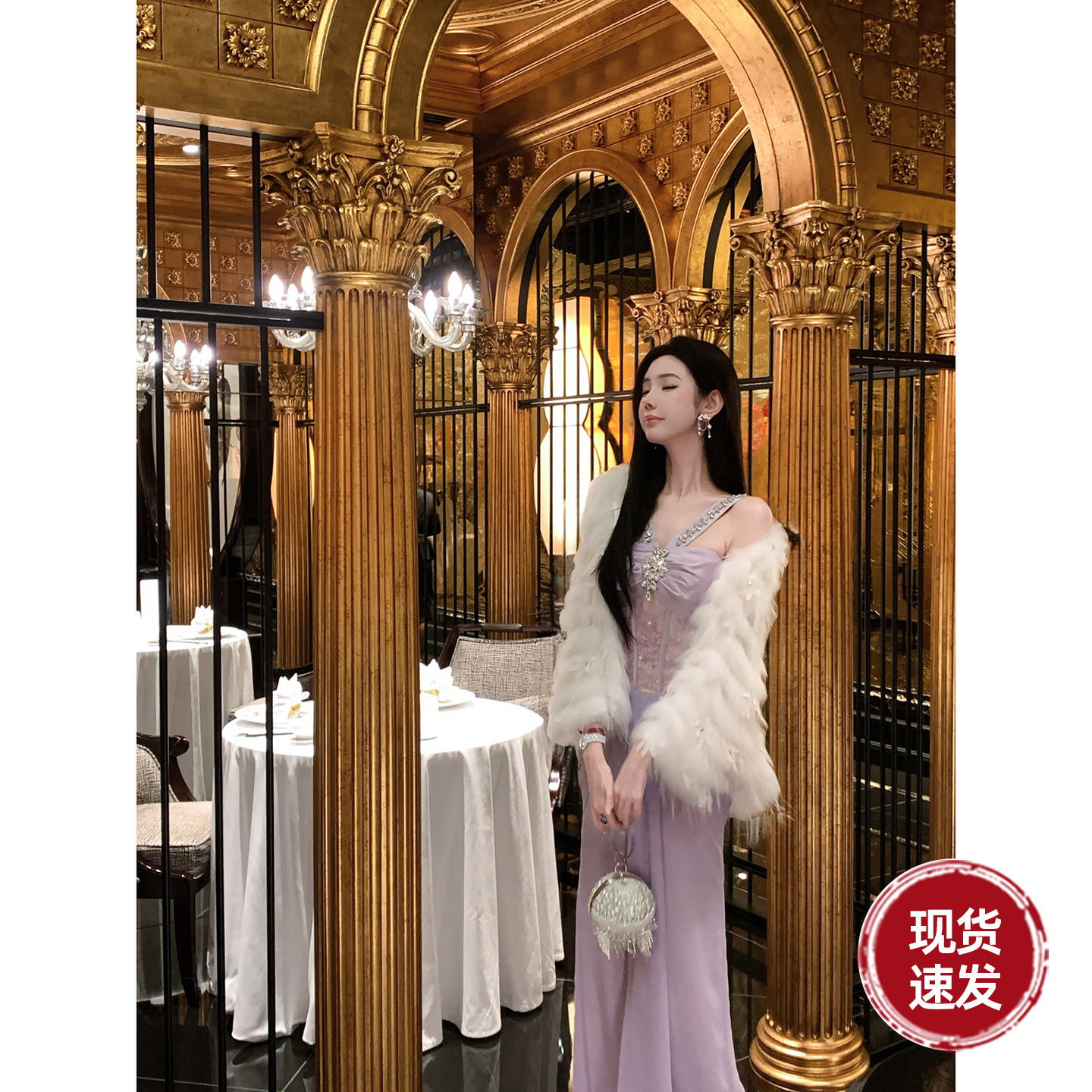 Sun雅乔【希腊神谕】秋冬新款设计感蕾丝珍珠雪纺礼服吊带连衣裙