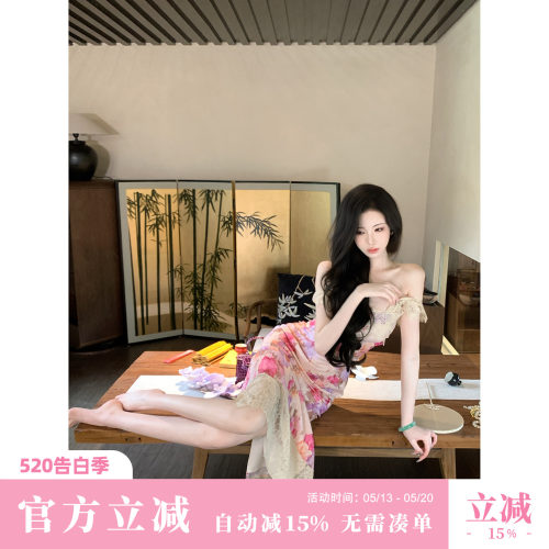 雅乔【上帝后花园】夏季法式田园风油画蔷薇晕染蕾丝剪花连衣长裙