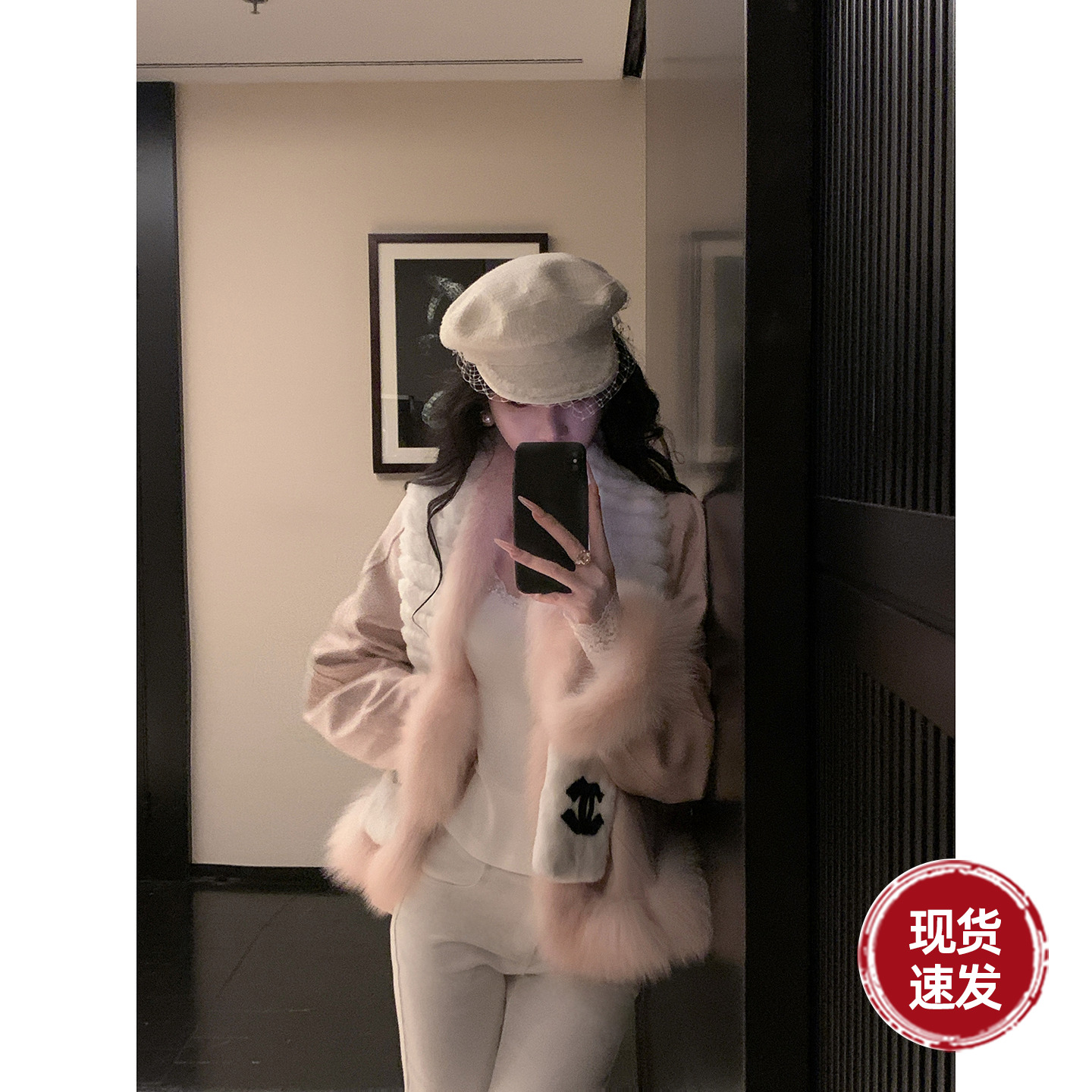 Sun雅乔【玉面奶芙】冬装进口高档狐狸毛领麂皮绒派克鹅绒服外套