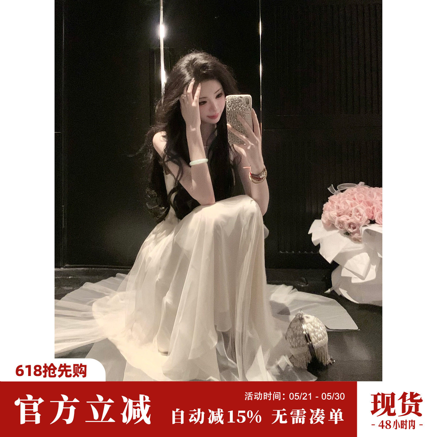 Sun雅乔【月光华尔兹】夏季时尚无袖挂脖白色连衣裙大裙雪纺长裙