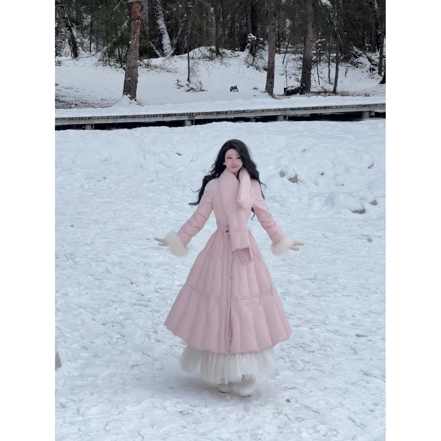 雅乔【公主羽绒服】冬装粉色高充绒300g收腰A字大摆保暖长外套女