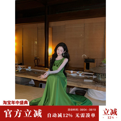 Sun雅乔【绿雾回廊】夏季高腰A字裙设计感收腰缎面无袖大摆连衣裙