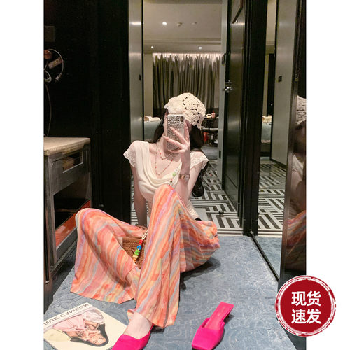 雅乔【彩虹冰冰裤】波西米亚度假风宽松高腰直筒休闲阔腿长裤子女