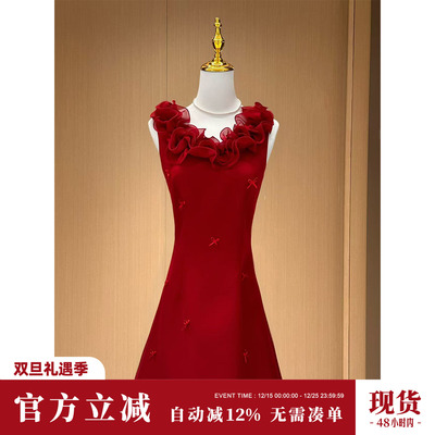 Sun雅乔 夏季新款无袖短款法式波浪卷边领口蝴蝶结收腰红色连衣裙