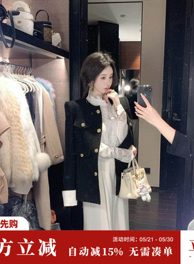 Sun雅乔【黑金俘获】春冬新款羊毛厚外套黑色小香风千金老钱上衣