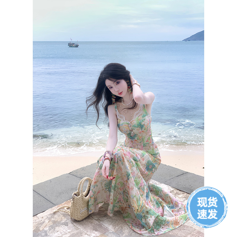 Sun雅乔【薄荷仲夏】金线印花拼接蕾丝大摆连衣裙+蕾丝半身裙