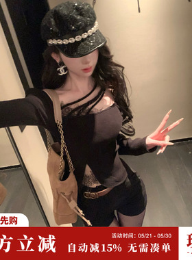 Sun雅乔【魅力私藏】秋冬新款长袖修身黑色设计感蕾丝打底上衣女