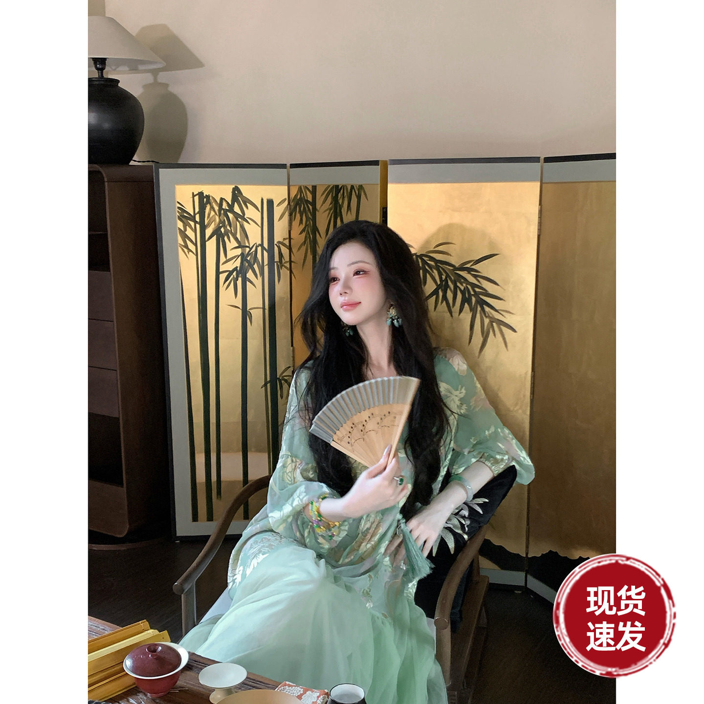 雅乔【青芜绿】夏季九分袖长款国风芍药牡丹剪花宽松灯笼袖连衣裙