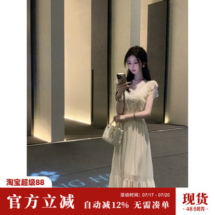 Sun雅乔【天鹅湖】双版本长短款蕾丝花边珍珠雪纺连衣裙两件套