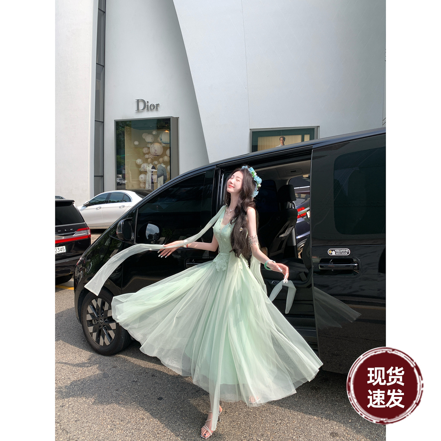 Sun雅乔【薄荷精灵】夏季超仙儿大裙摆高腰中长款网纱蕾丝连衣裙