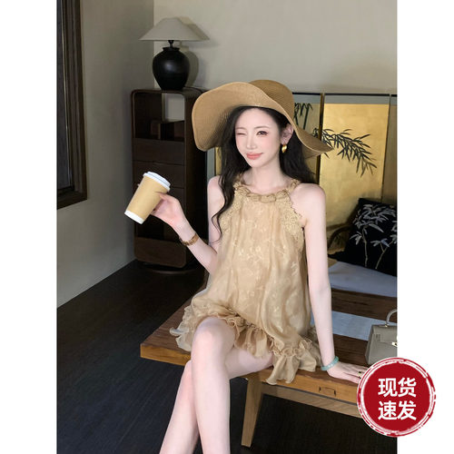 Sun雅乔【椰岛海风】夏季无袖娃娃衫荷叶摆挂脖上衣短裤两件套装