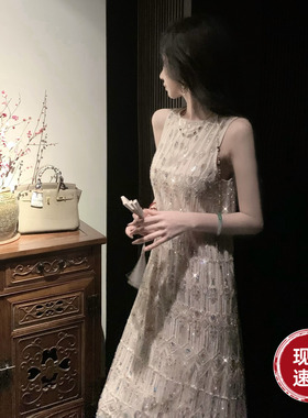 Sun雅乔【中东贵妇】春夏千金贵气超重工彩色钉珠无袖直筒连衣裙