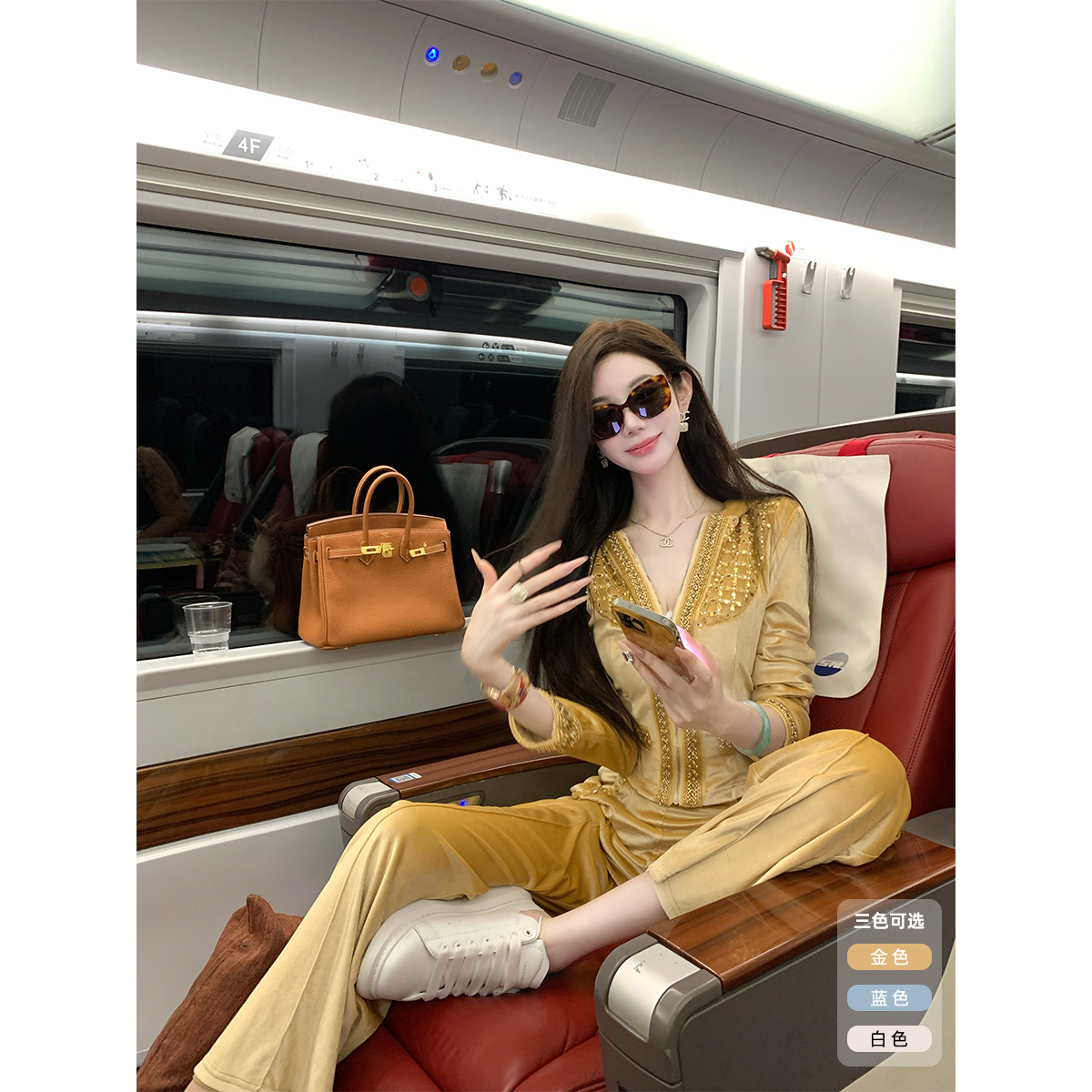 Sun雅乔 秋冬时尚运动休闲连帽修身卫衣外套阔腿裤丝绒两件套装女