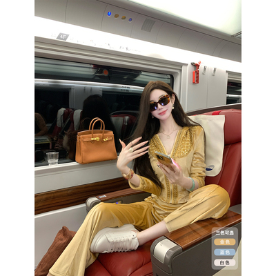 Sun雅乔 秋冬时尚运动休闲连帽修身卫衣外套阔腿裤丝绒两件套装女