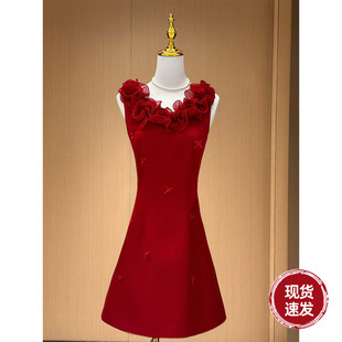 夏季 法式 新款 短款 波浪卷边领口蝴蝶结收腰红色连衣裙 无袖 Sun雅乔