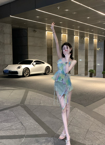 Sun雅乔 时尚百搭A版不规则假两件牛仔短裤裙