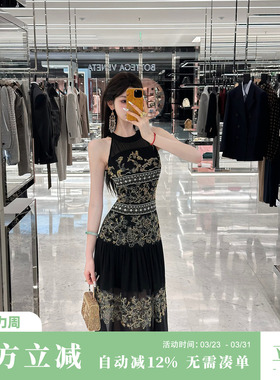 Sun雅乔【折腰】夏季轻奢重工定位钉珠刺绣无袖吊带雪纺连衣裙