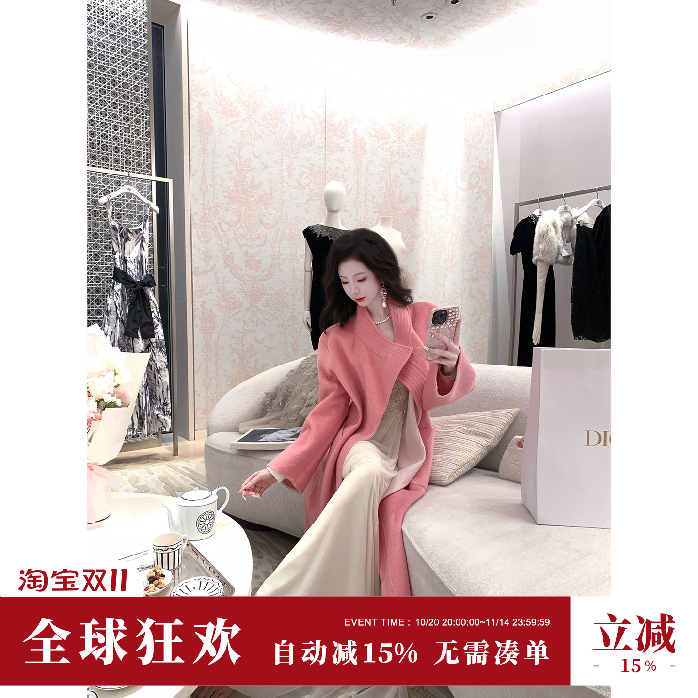 雅乔【双面新贵】秋冬重磅长袖中长款两穿双面呢羊毛大衣外套女