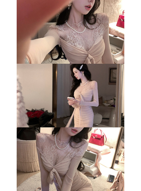 Sun雅乔 秋冬新款粉色法式重工蕾丝拼接网纱烫钻加绒长袖连衣裙子