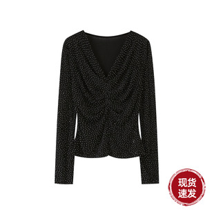 显瘦T恤V领亮钻长袖 秋冬新款 针织打底上衣女 吸睛打底 Sun雅乔