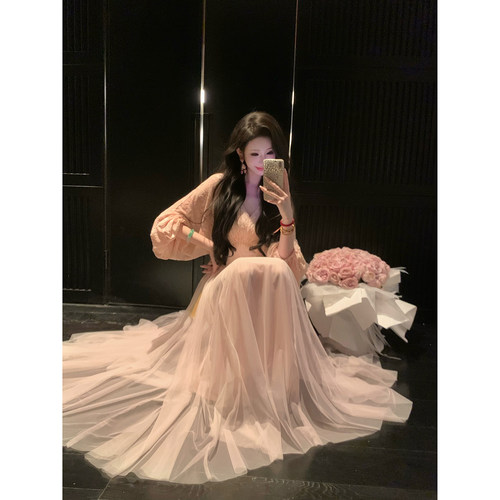 Sun雅乔【来时逢春】春夏长袖高腰宽松烧花植绒网纱大摆连衣长裙