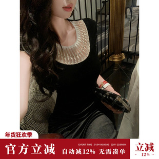 雅乔【奥黛丽】早秋复古气质法式重工圆领赫本风黑色丝绒连衣裙子