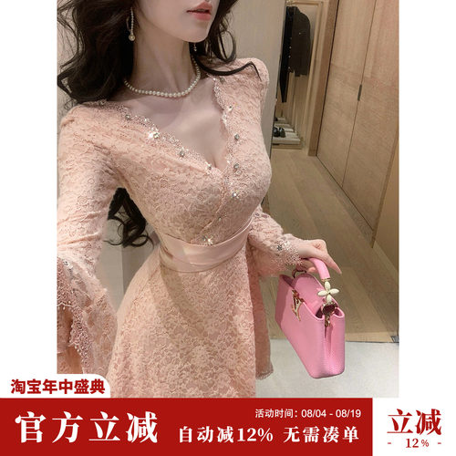 Sun雅乔【甜桃娇娇】秋冬名媛辣妹优雅气质V领钉珠蕾丝长袖连衣裙