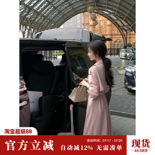 Sun雅乔【爱在伦敦】秋季韩系复古英伦双排扣粉色风衣中长款外套