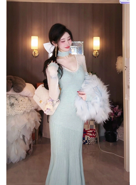 Sun雅乔【小步舞曲】春冬新款设计师小众气质长袖鱼尾针织连衣裙