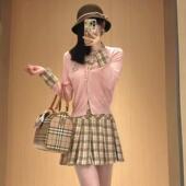 格纹烫钻百褶半身裙 V领烫钻羊毛针织开衫 雅乔 莓巧摩卡