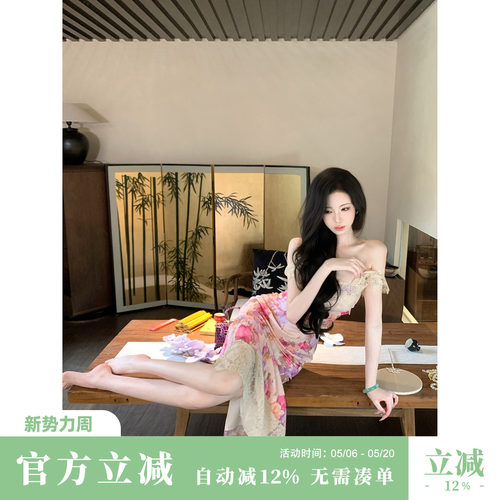 雅乔【上帝后花园】夏季法式田园风油画蔷薇晕染蕾丝剪花连衣长裙