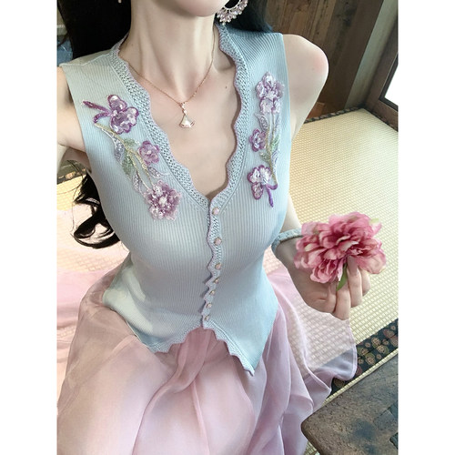 Sun雅乔【蓝铃花盏】夏季无袖针织衫钉珠V领莱赛尔凉感上衣女