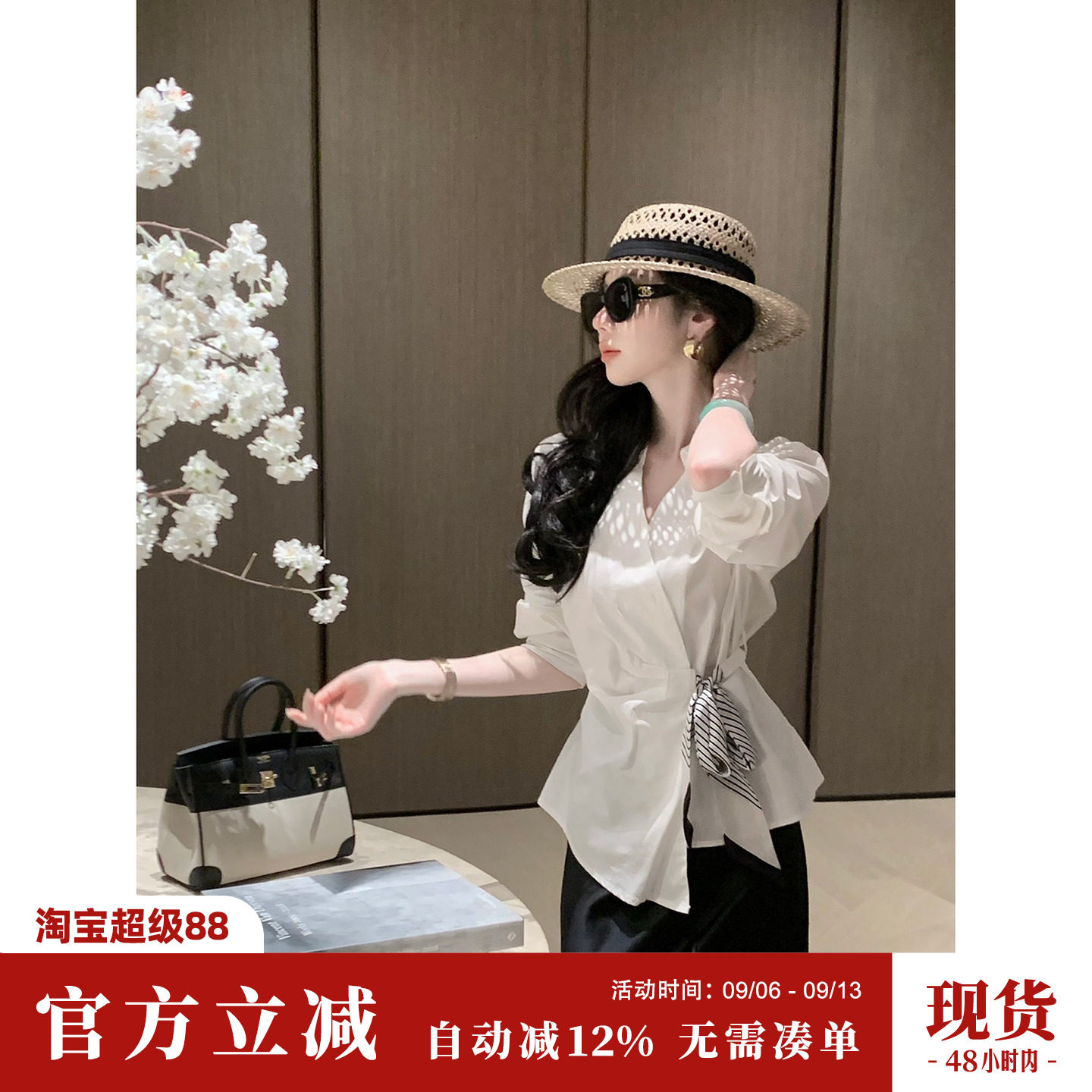 Sun雅乔【都市序章】早秋长袖设计感小众衬衣纯棉绑带白色衬衫女图片