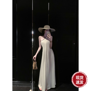 Sun雅乔【风吹半夏】夏季清纯露背吊带设计感挂脖绑带A字连衣长裙