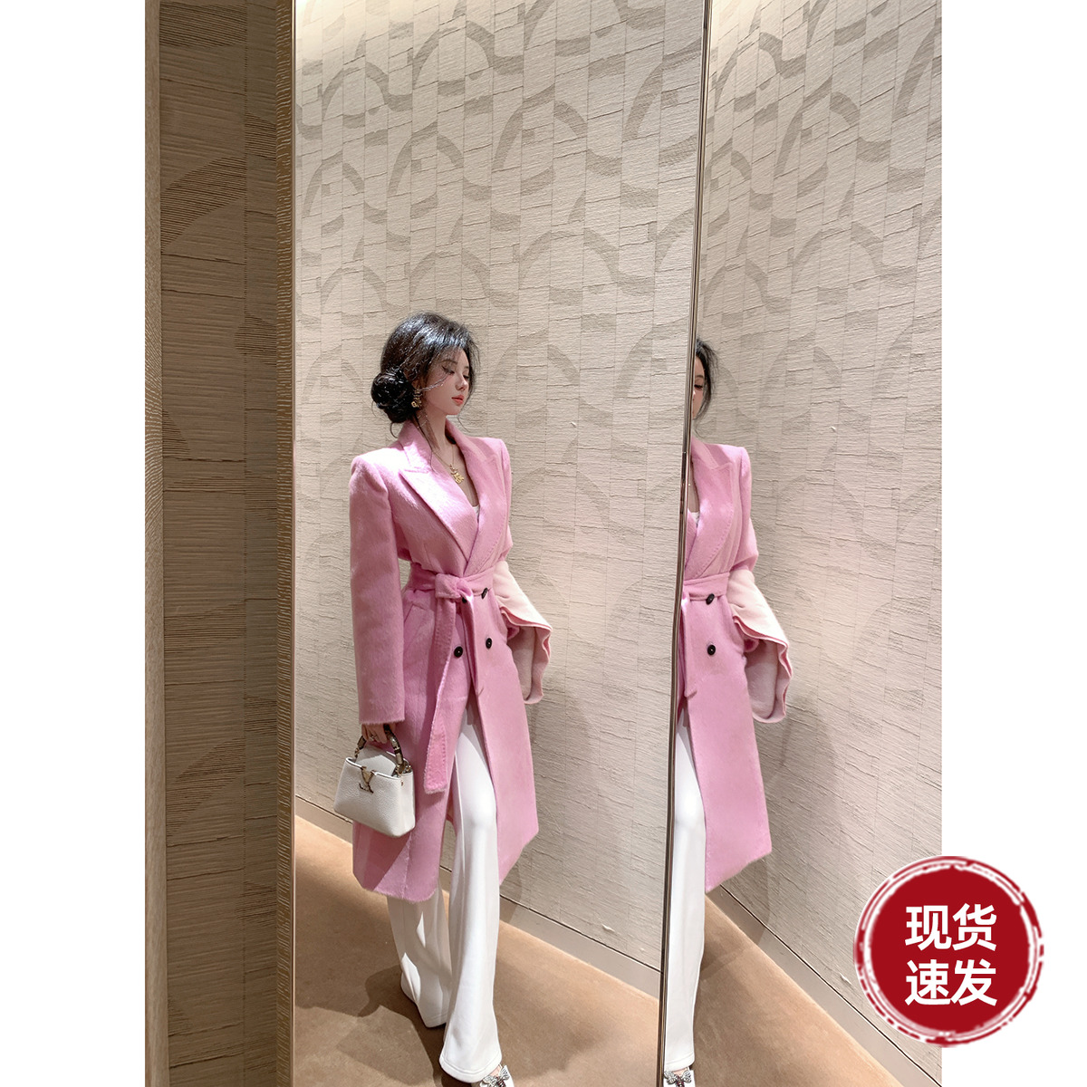 雅乔【雪国贵人】2025新款羊毛呢外套粉紫色中长款双排扣大衣女