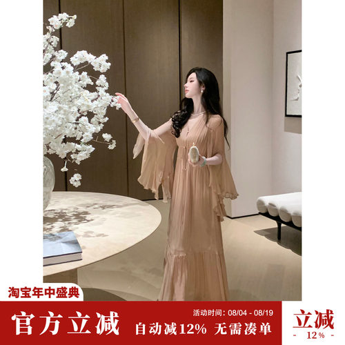 Sun雅乔【自由之水】早秋大女主人丝顺纡雪纺喇叭袖V领连衣裙长裙