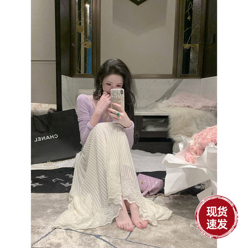 Sun雅乔【广岛之恋半裙】秋冬新款清纯磨毛坑条肌理感蕾丝半身裙