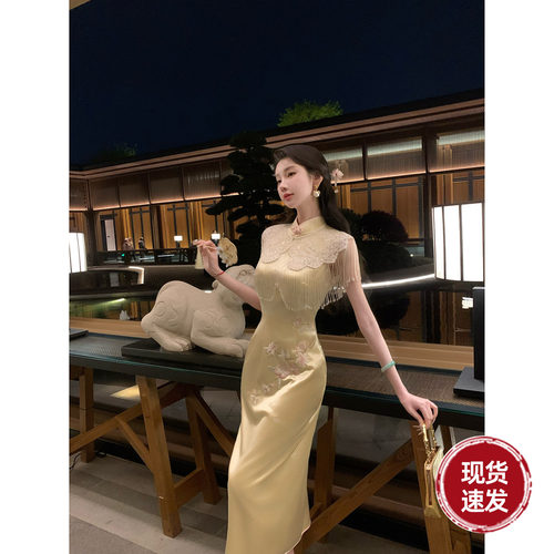 雅乔【桃宴金缕】夏气质桃花刺绣新中式国风旗袍修身开叉连衣裙